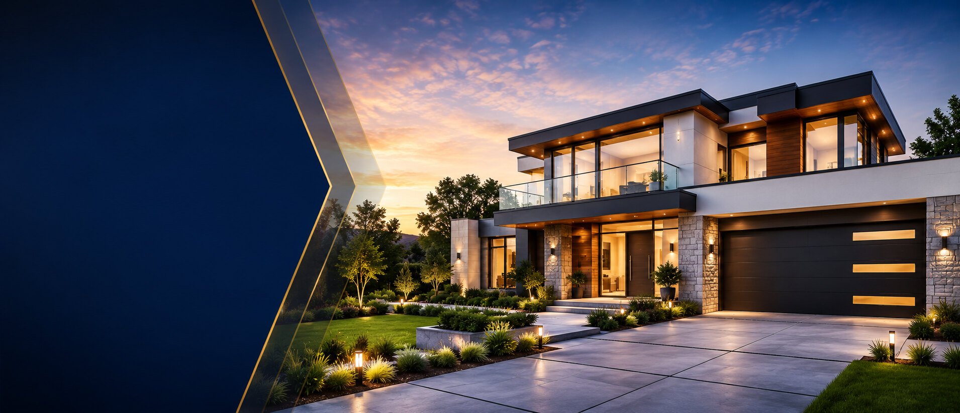 A modern luxury home at dusk