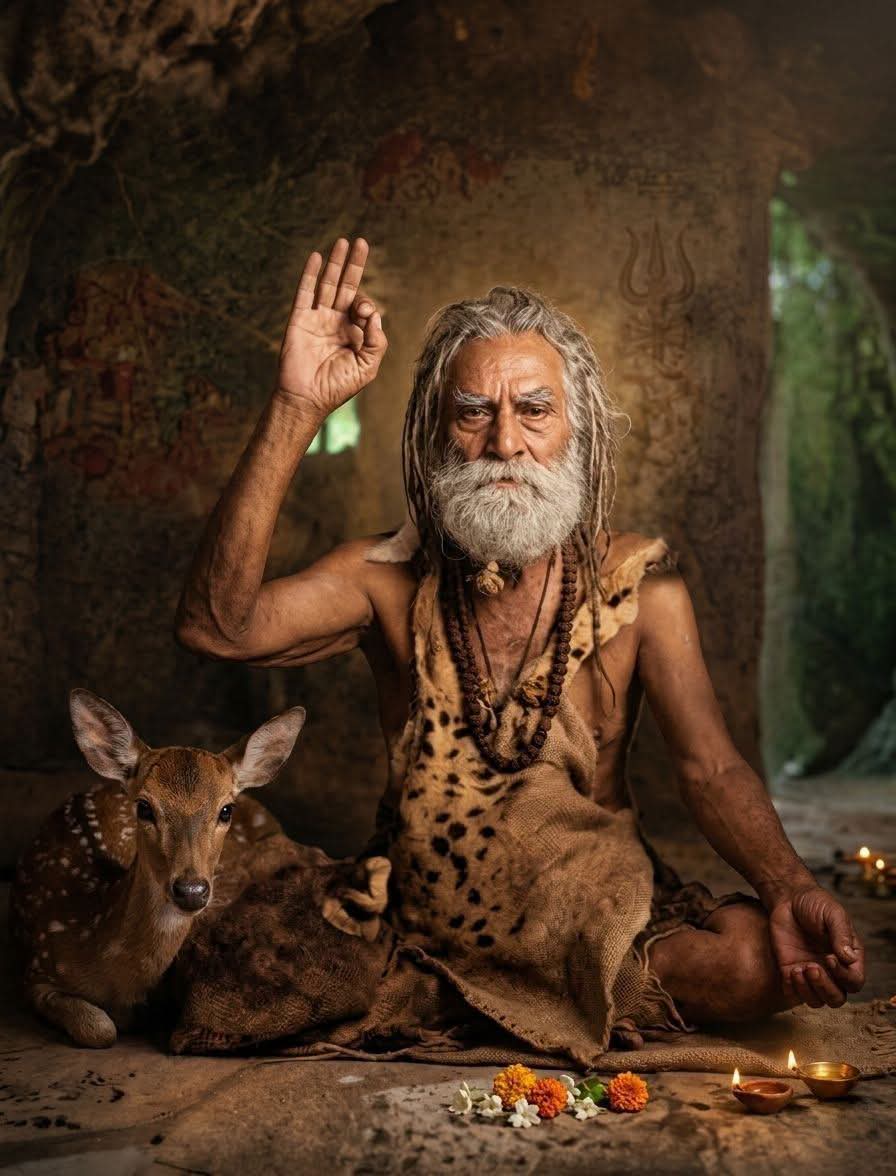 Sri Devraha Baba in his ashram, a fawn resting at his side