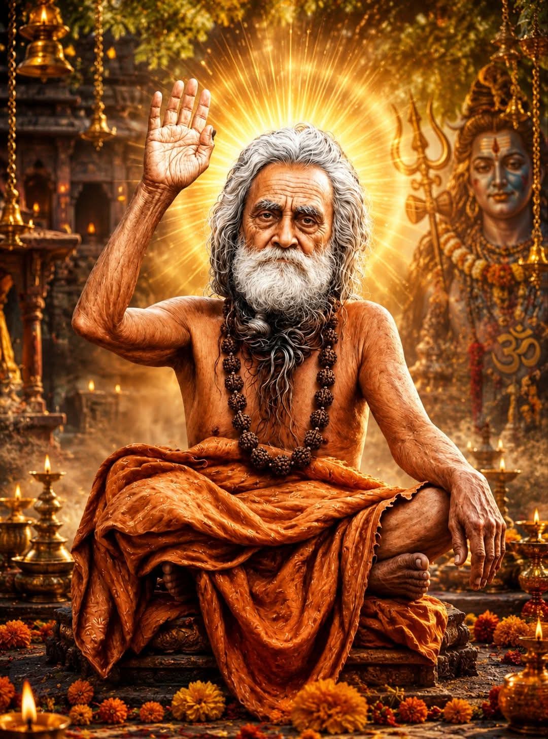 Baba in blessing, amid the lamps and marigolds of the shrine