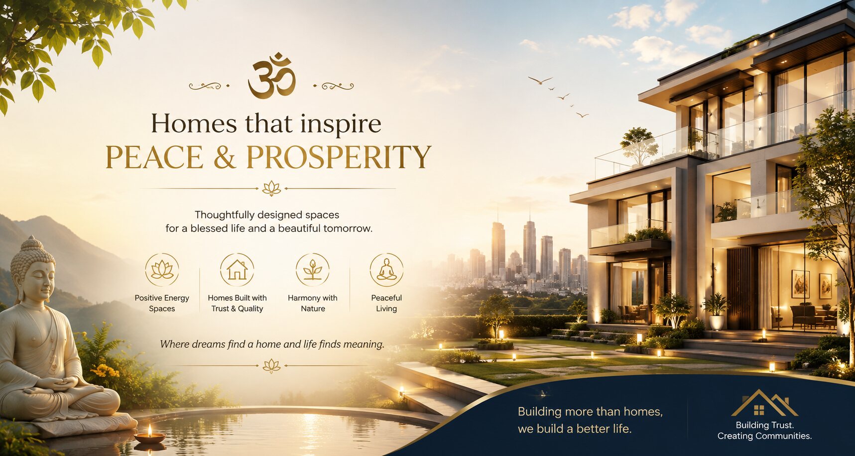 Homes that inspire peace and prosperity. A contemporary villa lit at golden hour above a distant city skyline, with a seated Buddha beside a still reflecting pool.