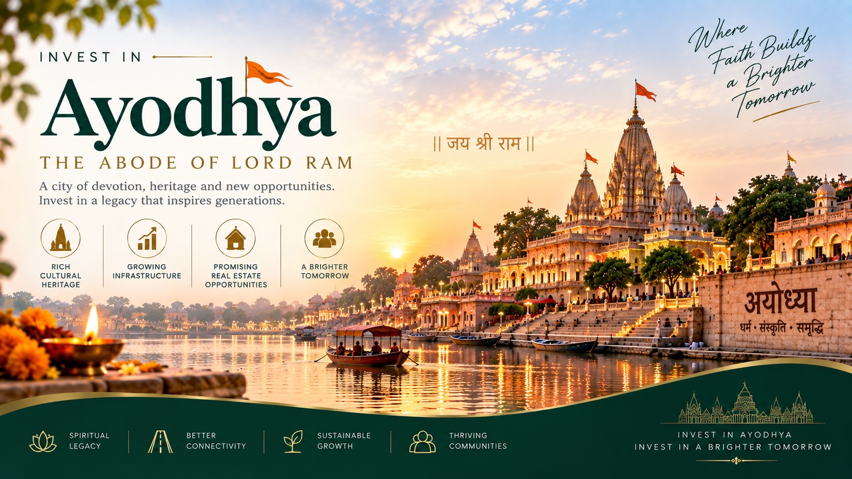Invest in Ayodhya, the abode of Lord Ram — a city of devotion, heritage and new opportunities. The illuminated temple complex above the Saryu ghats at dusk, with rich cultural heritage, growing infrastructure, promising real estate opportunities and a brighter tomorrow called out alongside.