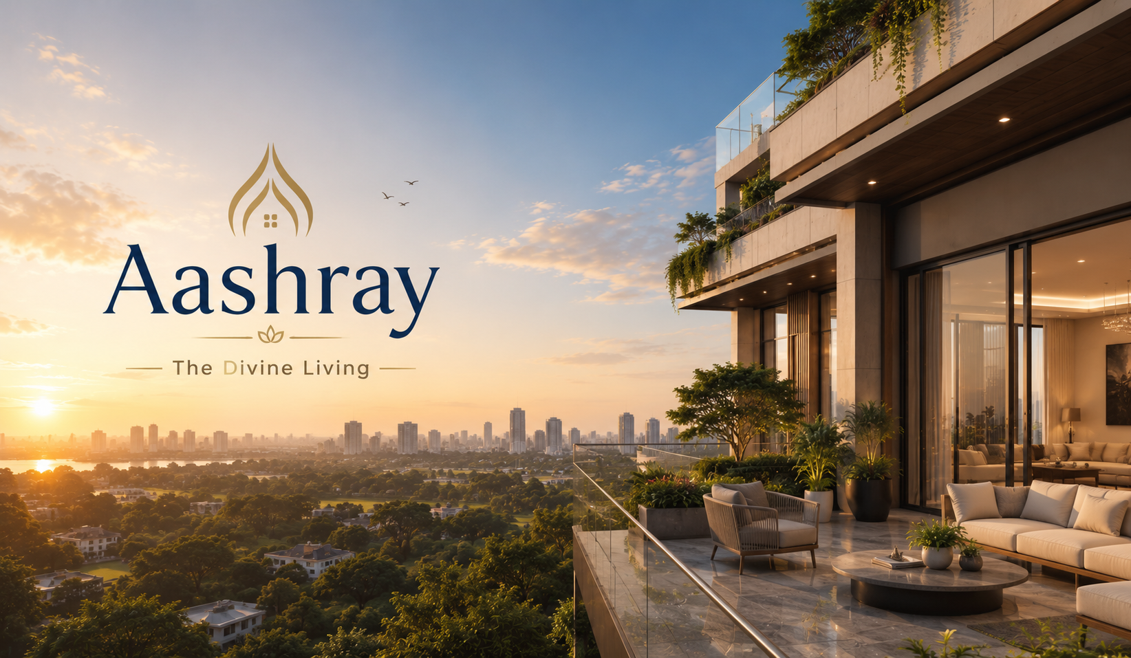 Aashray — The Divine Living. A premium residence with a landscaped terrace overlooking a city skyline at sunset.