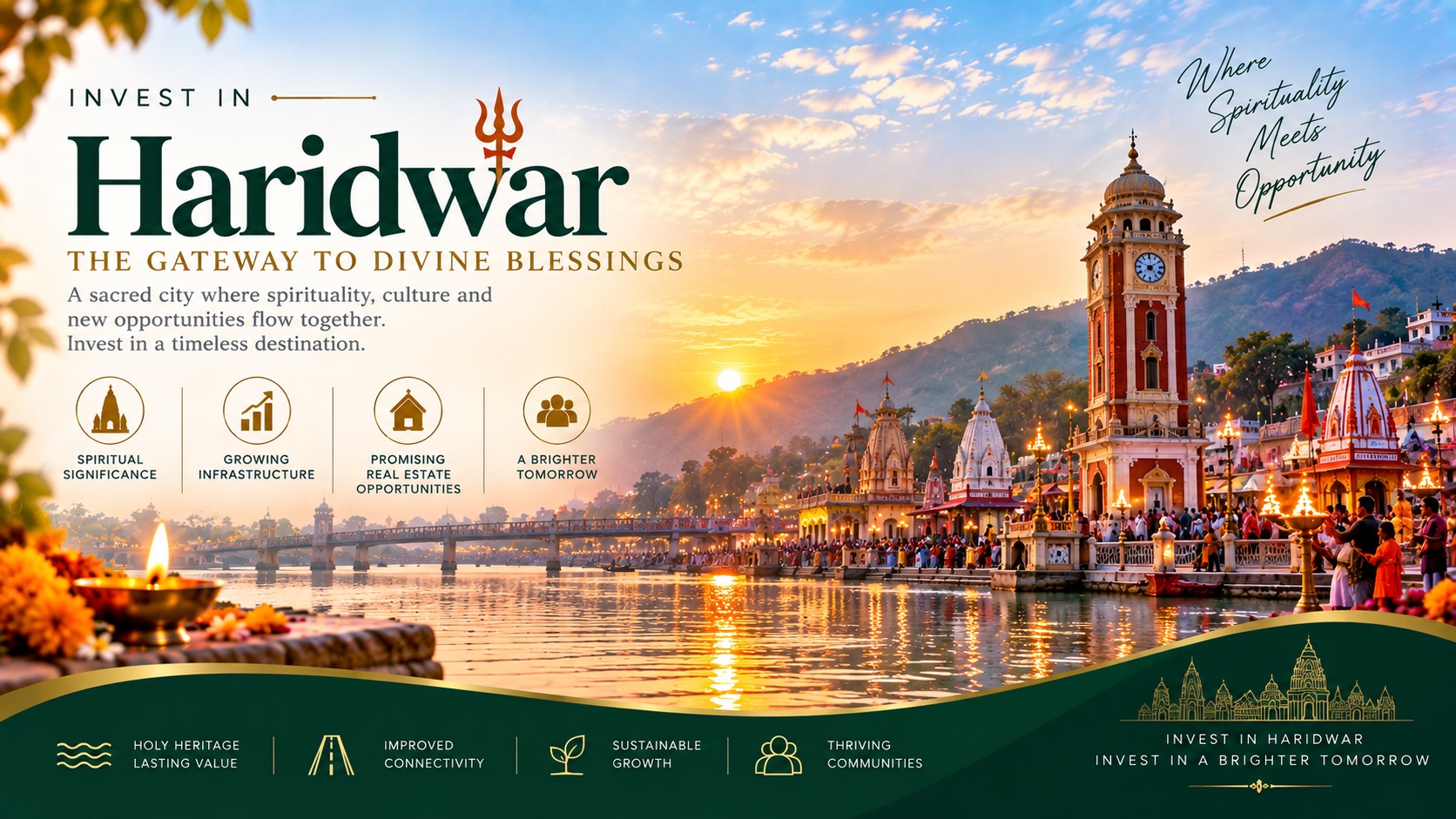 Invest in Haridwar, the gateway to divine blessings — a sacred city where spirituality, culture and new opportunities flow together. The Har Ki Pauri clock tower and temples along the Ganga at sunrise, with spiritual significance, growing infrastructure, promising real estate opportunities and a brighter tomorrow called out alongside.