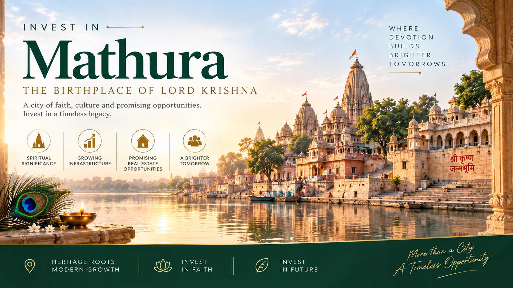 Invest in Mathura, the birthplace of Lord Krishna — a city of faith, culture and promising opportunities. The temple ghats along the Yamuna at sunrise, with spiritual significance, growing infrastructure, promising real estate opportunities and a brighter tomorrow called out alongside.