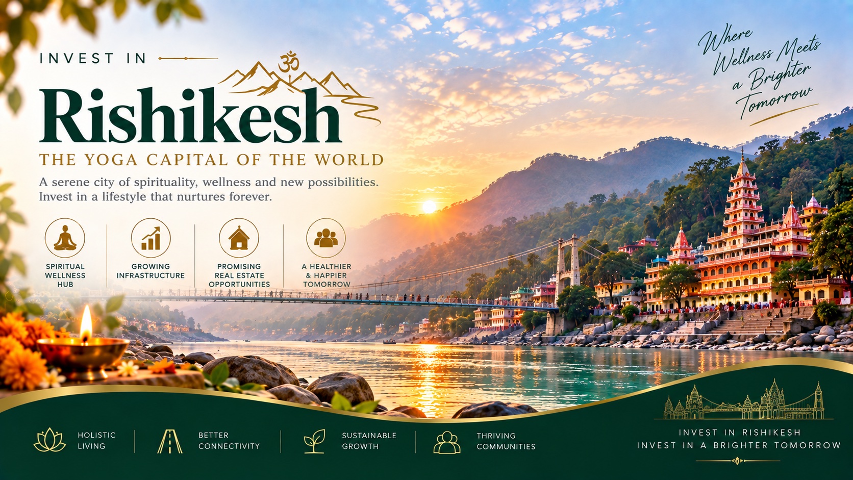 Invest in Rishikesh, the yoga capital of the world — a serene city of spirituality, wellness and new possibilities. The suspension bridge and riverside temples on the Ganga at sunrise, with a spiritual wellness hub, growing infrastructure, promising real estate opportunities and a healthier, happier tomorrow called out alongside.