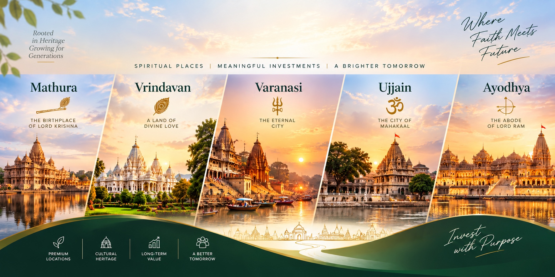 Where faith meets future — spiritual places, meaningful investments, a brighter tomorrow. Mathura, Vrindavan, Varanasi, Ujjain and Ayodhya shown side by side, with premium locations, cultural heritage, long-term value and a better tomorrow called out below, and an invitation to invest with purpose.