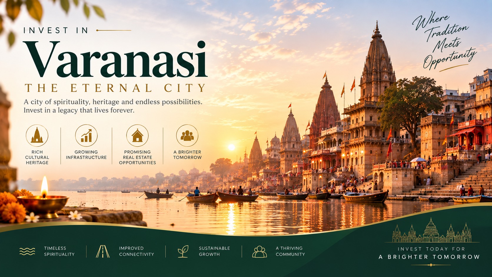 Invest in Varanasi, the eternal city — a city of spirituality, heritage and endless possibilities. Boats on the Ganga before the ghats at sunset, with rich cultural heritage, growing infrastructure, promising real estate opportunities and a brighter tomorrow called out alongside.