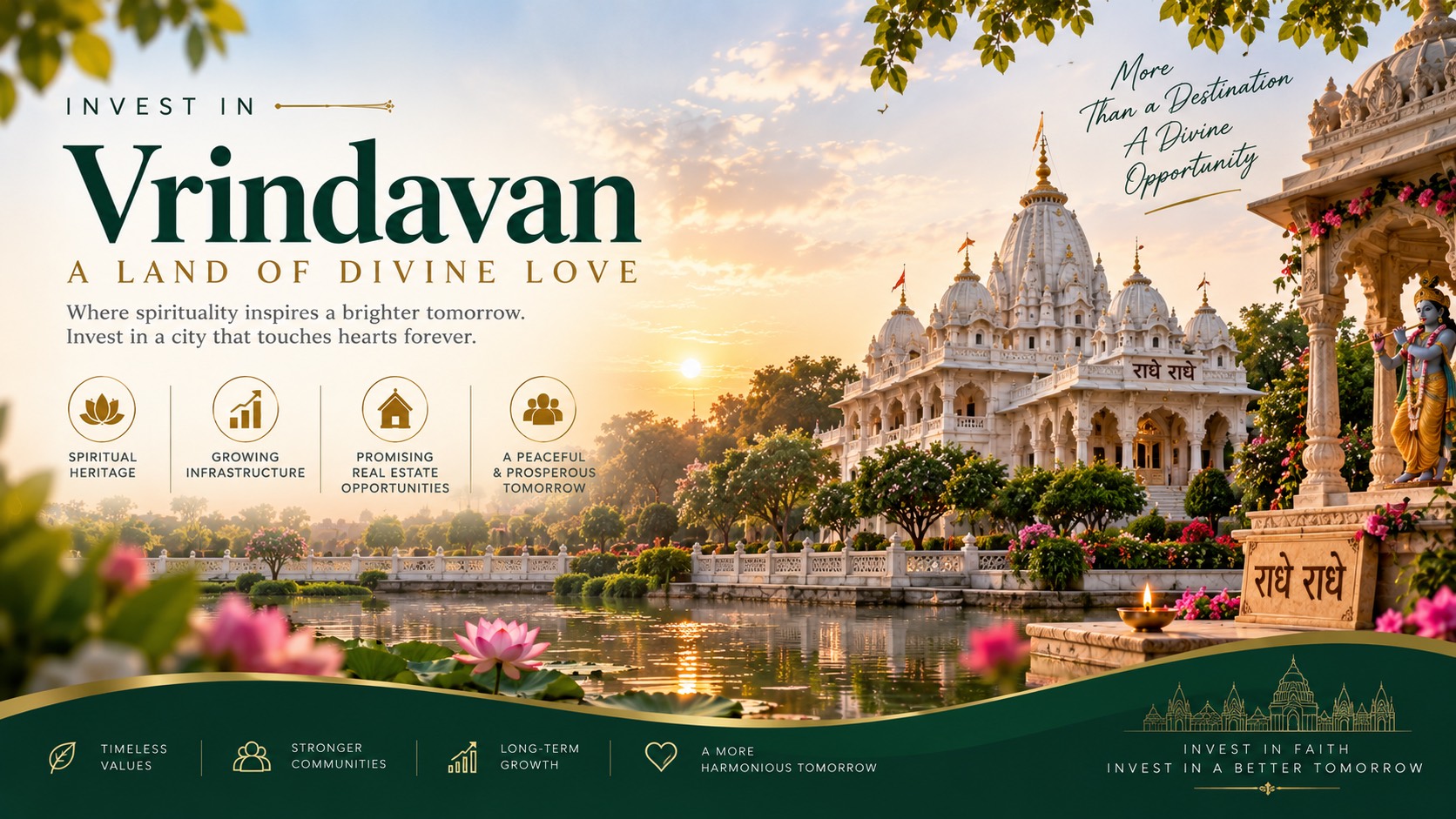 Invest in Vrindavan, a land of divine love — where spirituality inspires a brighter tomorrow. A white marble temple above a lotus pond at sunrise, with spiritual heritage, growing infrastructure, promising real estate opportunities and a peaceful, prosperous tomorrow called out alongside.