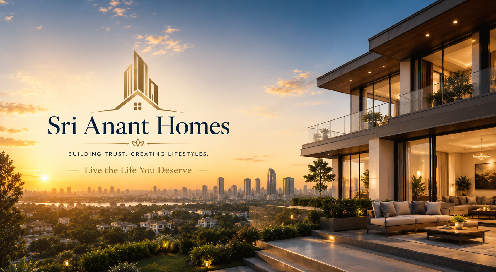 Sri Anant Homes — Building Trust. Creating Lifestyles. Live the Life You Deserve. A premium home with a landscaped terrace overlooking a city skyline at sunset.